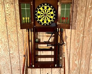 Vintage Billiard Storage and Dart Board with Pool Cues