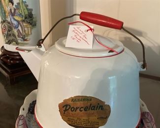 porcelain enamel tea kettle w/red handle  $15.00