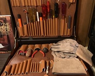 Vintage Bell System lineman's tool case w/tools & leather gloves   $75.00