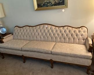 Country French inspired three cushion sofa w/tufted back   $125.00