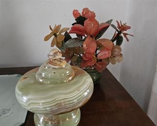 Onyx covered dish and jade tree