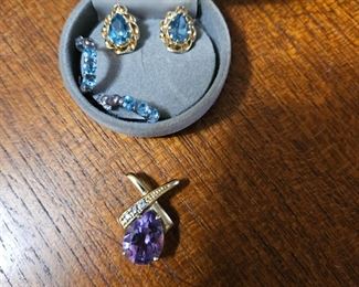 Sterling silver topaz and 14k gold topaz earrings. 10k gold and amethyst pendant. 