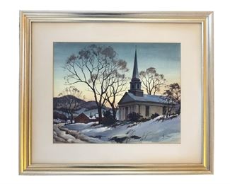 John Hare Wintery Village Scene Watercolor