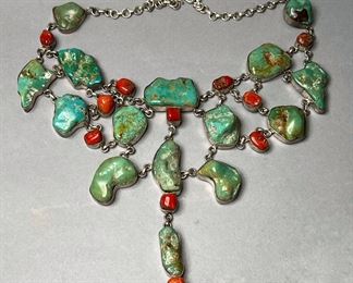 Vintage Native American Turquoise, Coral and Sterling Necklace 