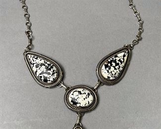 Vintage Native American White Buffalo Turquoise and Sterling Silver Necklace Signed AL