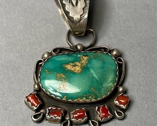 Vintage Navajo Sterling Silver, Turquoise and Coral Pendant Signed Ben