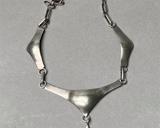 Modernist Native American Sterling Silver and Turquoise Necklace, Signed 