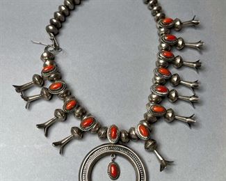 Vintage Navajo Silver (not tested) and Coral (not tested ) Necklace Signed JRY, for parts or repair 