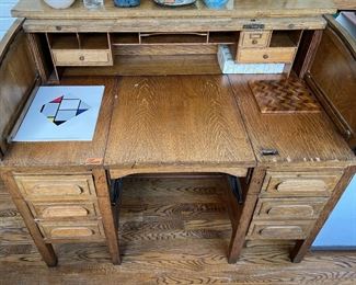 Antique Oak Roll Top with Hidden Typewriter Desk 