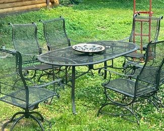 Wrought Iron Outdoor Table, Chairs and Umbrella Stand