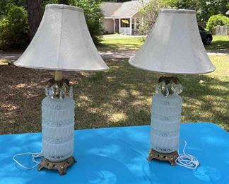 2 glass and brass table lamps