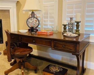 beautiful tressle style desk, antique office chair