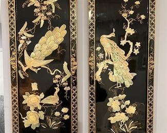 Pair Antique Asian Authentic Mother-of-Pearl Wall Hangings