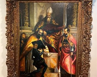 Ornate Framed Double Reproduction of Saint Anthony the Abbot with St. Cornelius and St. Cyprian by Veronese (Paolo Caliari) Oil on Canvas Reproduction by Gian Pietro Rizzi by Unknown
