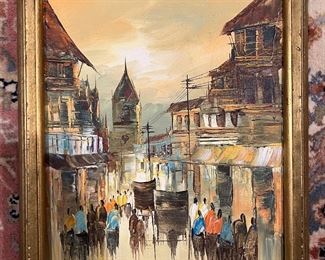 Framed Street Scene Original Oil on Canvas Signed by Rick ?