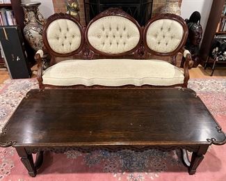 Antique Victorian Balloon Back Walnut Upholstered Open Arm Sofa (42" Back H x 27"D x 72"W) with Antique Rectangular Rounded Edge Accent Coffee Table (66"L x 29"W x 18-1/2"H)