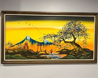 Framed Asian Landscape Original Oil on Canvas Mid-Century Modern Wall Art Signed by Kulu