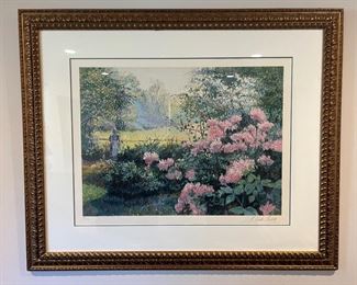 H. CLAUDE PISSARO LITHOGRAPH FIGURE IN A FLORAL LANDSCAPE.  Framed "Figure in a Floral Landscape" by Henri Claude Pissaro Signed Lithograph 270/425