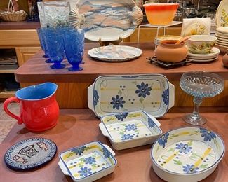 Vintage Anchor Hocking Cobalt Blue Lido Milano Crinkle Goblets, Floral Bakeware