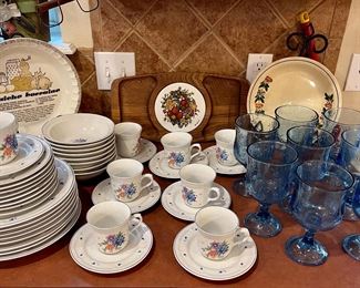 Vintage Newcor Stoneware Dish Set, Vintage Anchor Hocking “Savannah Blue” Goblets