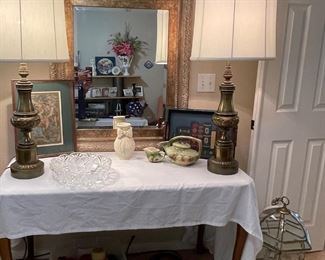 Vintage Heavy Brass Lamps, Ornate Mirror