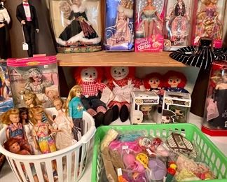 Vintage Raggedy Ann/Andy dolls, Groovy Vintage Barbie & Ken clothes, Vintage Barbie and Skipper Dolls, Funko Pops