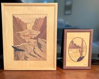 Wood Marquerty Inlaid Framed Pictures signed by Nelson