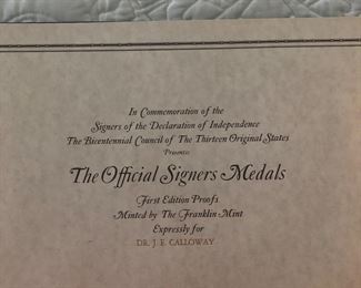 COLLECTORS’ DREAM—Franklin Mint — THE OFFICIAL SIGNERS MEDALS  ( signers of the Declaration of Independence)  First Edition — STERLING SILVER proof set