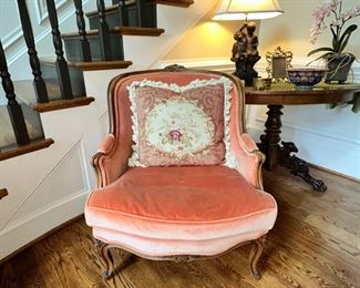 Salmon color velvet chair. 