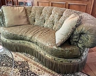 Beautiful C.R. Laine Custom Curved Back Sofa with Damask Upholstery. Shown with 42" Round Glass, Metal and Wood Base by Sherrill.
