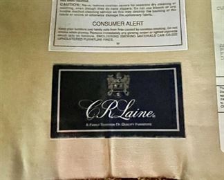 Beautiful C.R. Laine Custom Curved Back Sofa with Damask Upholstery. Shown with 42" Round Glass, Metal and Wood Base by Sherrill.