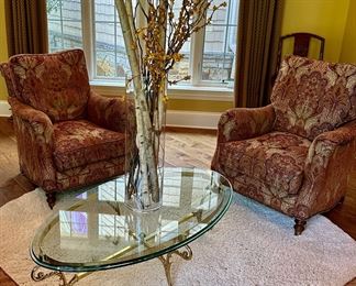 These 4 Wesley Hall Club Chairs were custom made for this area of the home. Custom Fabric and extremely comfortable. Excellent Condition. In this photo is a LaBarge Oval Glass and Brass Base Coffee Table .