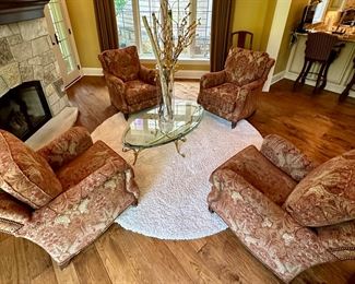 These 4 Wesley Hall Club Chairs were custom made for this area of the home. Custom Fabric and extremely comfortable. Excellent Condition. In this photo is a LaBarge Oval Glass and Brass Base Coffee Table .