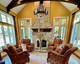 These 4 Wesley Hall Club Chairs were custom made for this area of the home. Custom Fabric and extremely comfortable. Excellent Condition. In this photo is a LaBarge Oval Glass and Brass Base Coffee Table .
