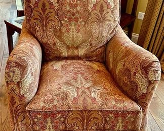 These 4 Wesley Hall Club Chairs were custom made for this area of the home. Custom Fabric and extremely comfortable. Excellent Condition. In this photo is a LaBarge Oval Glass and Brass Base Coffee Table .
