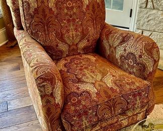 These 4 Wesley Hall Club Chairs were custom made for this area of the home. Custom Fabric and extremely comfortable. Excellent Condition. In this photo is a LaBarge Oval Glass and Brass Base Coffee Table .