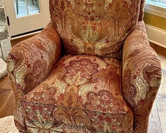 These 4 Wesley Hall Club Chairs were custom made for this area of the home. Custom Fabric and extremely comfortable. Excellent Condition. In this photo is a LaBarge Oval Glass and Brass Base Coffee Table .