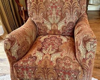 These 4 Wesley Hall Club Chairs were custom made for this area of the home. Custom Fabric and extremely comfortable. Excellent Condition. In this photo is a LaBarge Oval Glass and Brass Base Coffee Table .