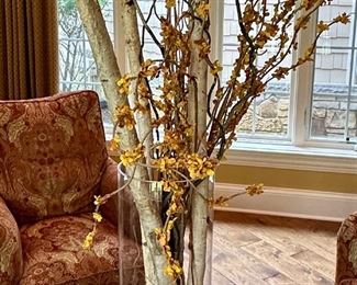 These 4 Wesley Hall Club Chairs were custom made for this area of the home. Custom Fabric and extremely comfortable. Excellent Condition. In this photo is a LaBarge Oval Glass and Brass Base Coffee Table .