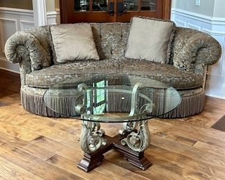 Beautiful C.R. Laine Custom Curved Back Sofa with Damask Upholstery. Shown with 42" Round Glass, Metal and Wood Base by Sherrill.