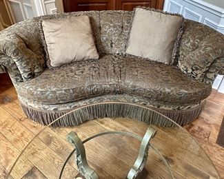 Beautiful C.R. Laine Custom Curved Back Sofa with Damask Upholstery. Shown with 42" Round Glass, Metal and Wood Base by Sherrill.