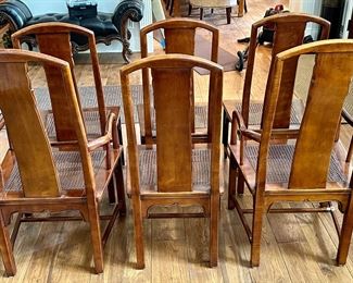 Set of 6 Henredon Mahogany Pan-Asian Dining Chairs with Cane Seats. (2 Armed and 5 Dining Chairs)