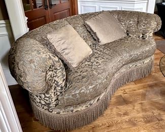 Beautiful C.R. Laine Custom Curved Back Sofa with Damask Upholstery. Shown with 42" Round Glass, Metal and Wood Base by Sherrill.