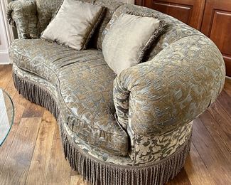 Beautiful C.R. Laine Custom Curved Back Sofa with Damask Upholstery. Shown with 42" Round Glass, Metal and Wood Base by Sherrill.