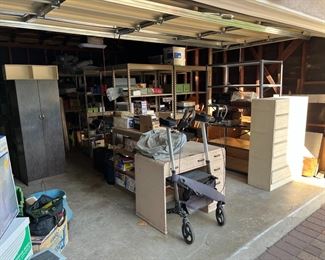 This is one look at the garage. The desk and dresser are here, as well as the shelves.