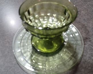 Green glass sherbet and plates