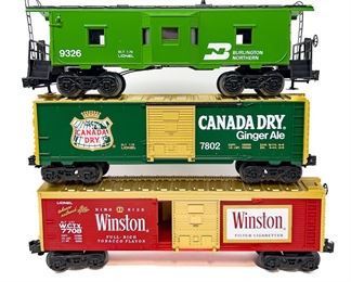 Three Lionel O Gauge Box Cars 9326 7802 7708 Winston Canada Dry Burlington Northern