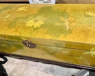 100. Asian Lacquered Chest on Wood Base w/ Lotus Flower Design (65" x 16" x 18")