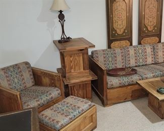 "This End Up" living room furniture (sofa, chair with ottoman, coffee table, two end tables)