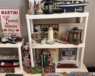 Bosson Heads, porcelain signs, vintage boat license plates  wooden sailboat, 